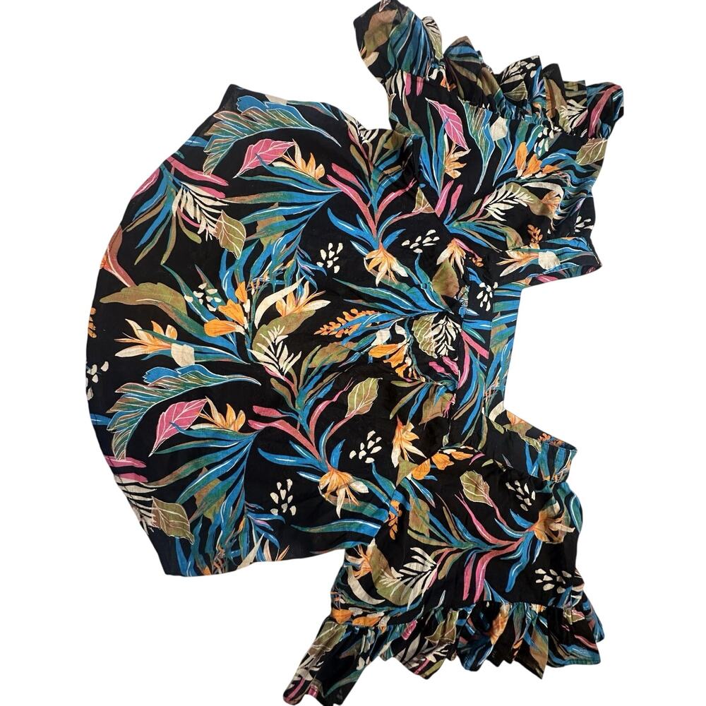 Terra & Sky 0X 14W Tropical Floral Blouse Black Ruffle Sleeve 100% Cotton Top